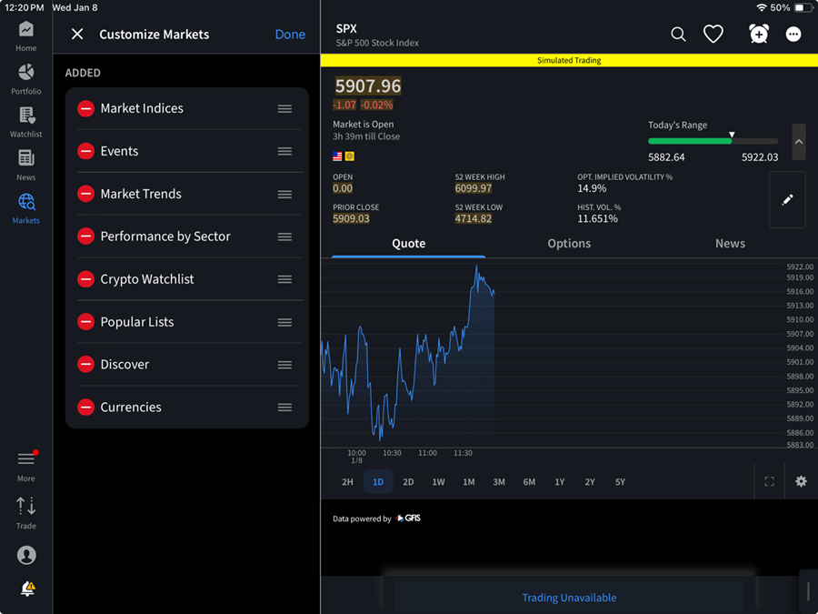 The customize markets option on the iPad.